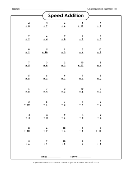 Speed Addition Drills - Speed Addition 0-10 (Version 2) (Printable PDF Worksheet)