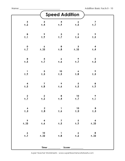 Speed Addition Drills - Speed Addition 0-10 (Version 3) (Printable PDF Worksheet)