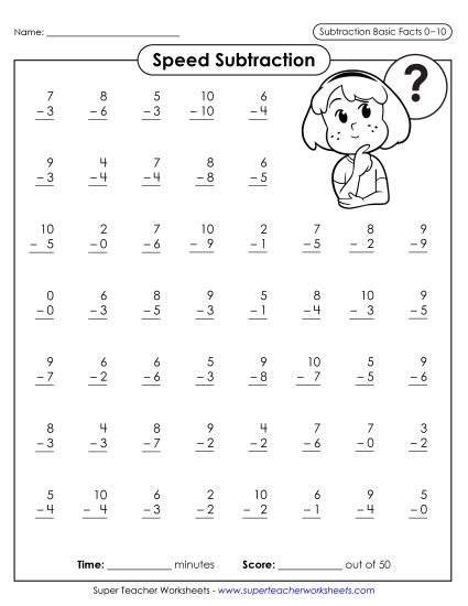 Speed Drill Worksheets - Speed Subtraction 0-10 (Version 2) (Printable PDF Worksheet)