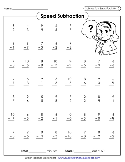 Speed Drill Worksheets - Speed Subtraction 0-10 (Version 3) (Printable PDF Worksheet)