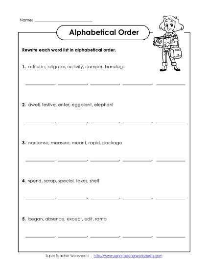 Alphabetical Order - Spelling Alphabetical Order (D-1) (Printable PDF Worksheet)