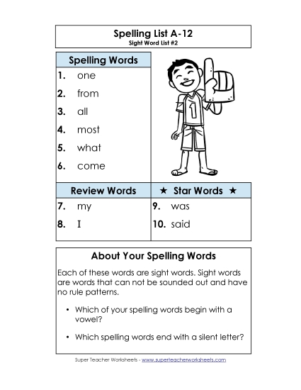 Spelling List - Spelling List A-12 (Printable PDF Worksheet)