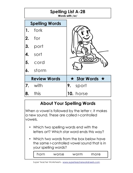 Spelling List - Spelling List A-28 (Printable PDF Worksheet)