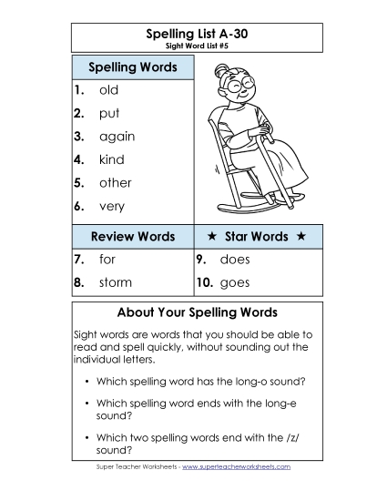 Spelling List - Spelling List A-30 (Printable PDF Worksheet)