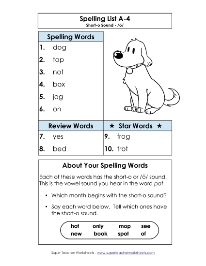 Spelling List - Spelling List A-4 (Printable PDF Worksheet)