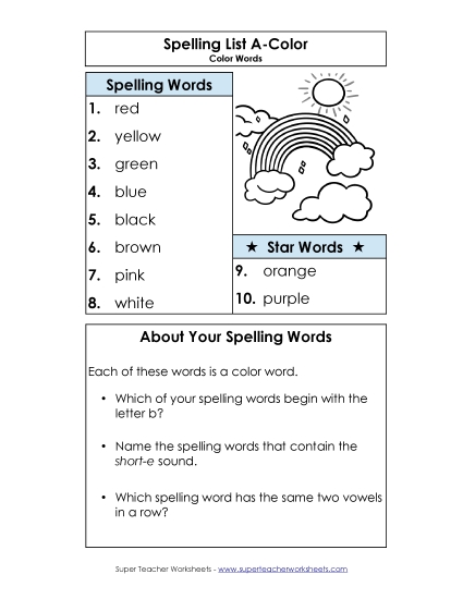 Spelling List - Spelling List (A-Color Words)  (Printable PDF Worksheet)