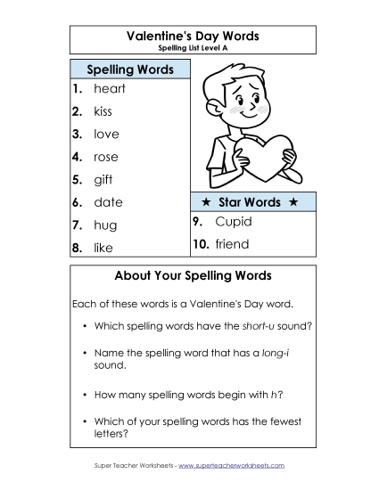 Spelling List - Spelling List (A-Valentine's Day)  (Printable PDF Worksheet)