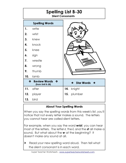 Spelling List - Spelling List B-30 (Printable PDF Worksheet)