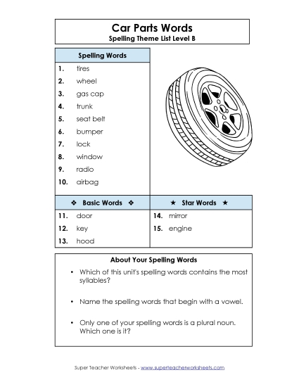 Spelling List - Spelling List (B-Car Parts)  (Printable PDF Worksheet)