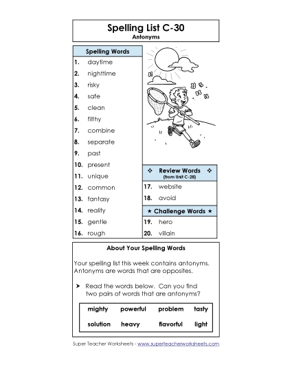 Spelling List - Spelling List C-30 (Printable PDF Worksheet)