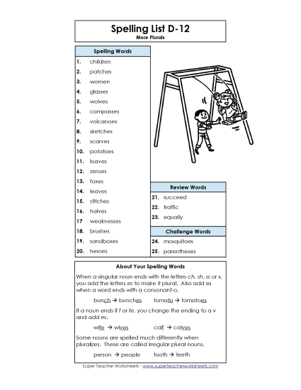 Spelling List - Spelling List D-12 (Printable PDF Worksheet)