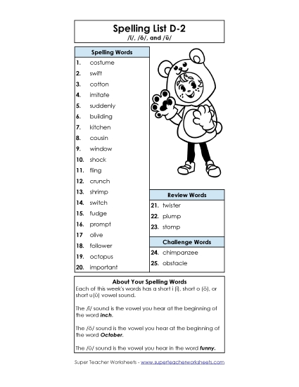 Spelling List - Spelling List D-2 (Printable PDF Worksheet)