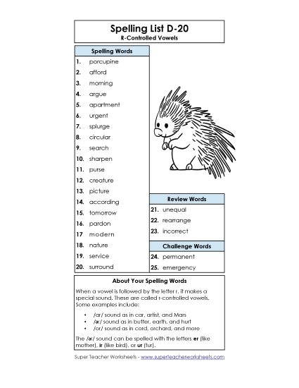 Spelling List - Spelling List (D-20) (Printable PDF Worksheet)