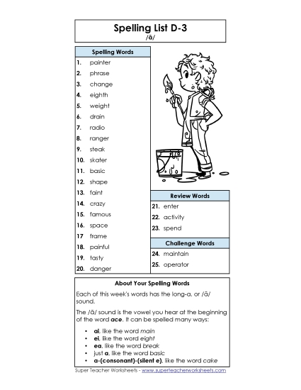 Spelling List - Spelling List D-3 (Printable PDF Worksheet)
