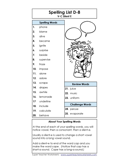 Spelling List - Spelling List D-8 (Printable PDF Worksheet)