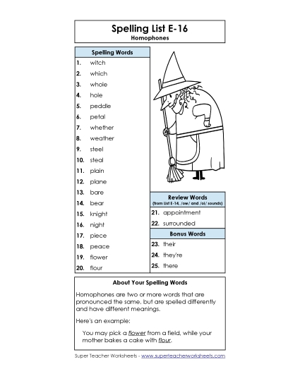 Spelling List - Spelling List E-16 (Printable PDF Worksheet)