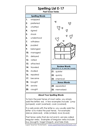 Spelling List - Spelling List (E-17) (Printable PDF Worksheet)