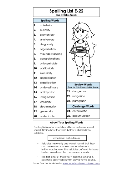Spelling List - Spelling List (E-22) (Printable PDF Worksheet)