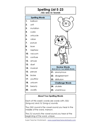 Spelling List - Spelling List (E-23) (Printable PDF Worksheet)