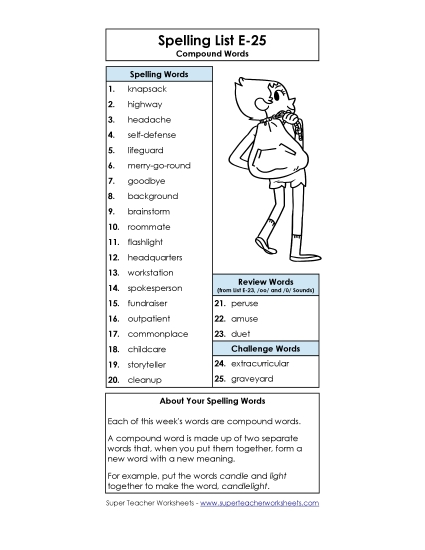 Spelling List - Spelling List (E-25) (Printable PDF Worksheet)