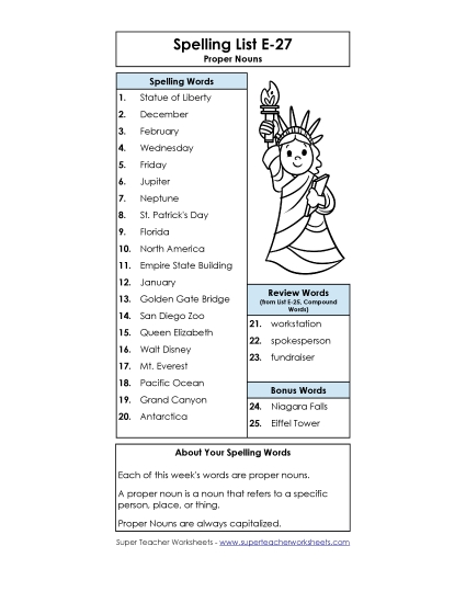 Spelling List - Spelling List (E-27) (Printable PDF Worksheet)