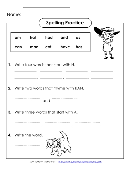 Worksheets - Spelling Practice (A-1) (Printable PDF Worksheet)