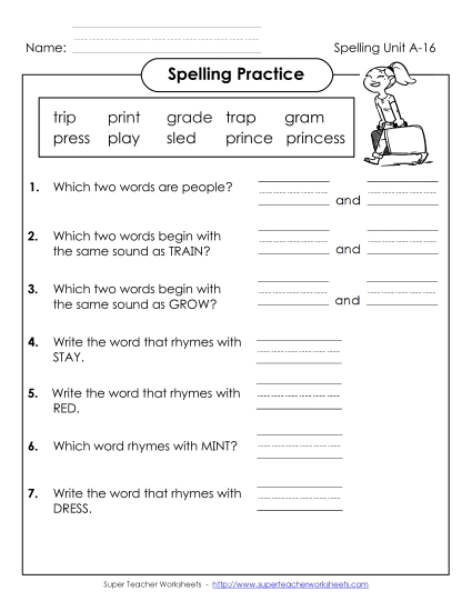 Worksheets - Spelling Practice (A-16)  (Printable PDF Worksheet)