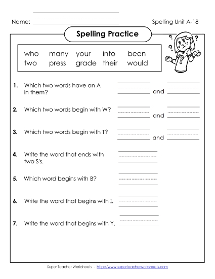 Worksheets - Spelling Practice (A-18)  (Printable PDF Worksheet)