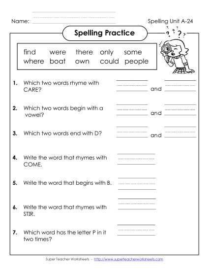 Worksheets - Spelling Practice (A-24) (Printable PDF Worksheet)