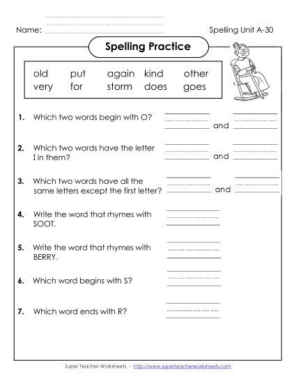 Worksheets - Spelling Practice (A-30) (Printable PDF Worksheet)
