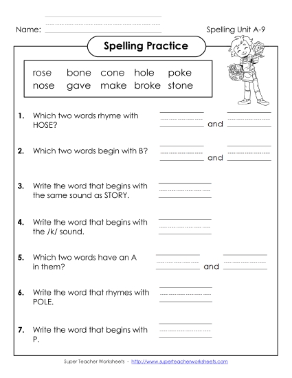 Worksheets - Spelling Practice (A-9) (Printable PDF Worksheet)