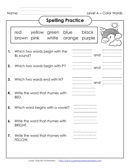 Worksheets and Activities  - Spelling Practice (A-Color Words) (Printable PDF Worksheet)