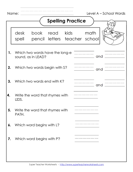 Worksheets and Activities - Spelling Practice (A-School Words) (Printable PDF Worksheet)
