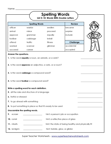 Worksheets - Spelling Question Worksheet (D-10) (Printable PDF Worksheet)