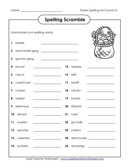 Worksheets - Spelling Scramble (D-Easter)  (Printable PDF Worksheet)
