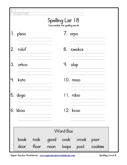 Grade 2 Spelling /oo/ Words - Spelling Scramble (Grade 2) (Printable PDF Worksheet)