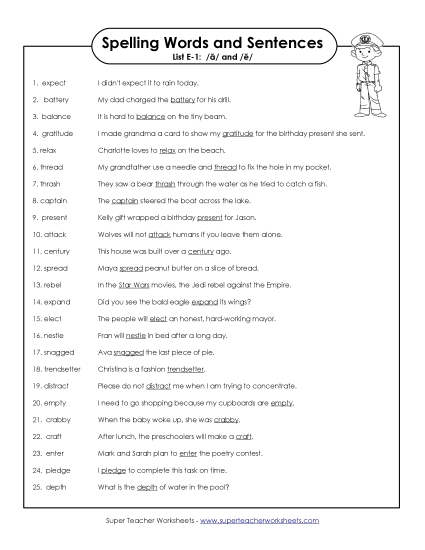 Spelling Test - Spelling Sentences (E-1) (Printable PDF Worksheet)