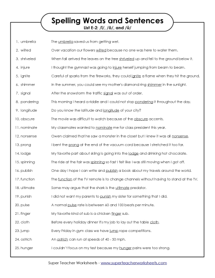 Spelling Test - Spelling Sentences (E-2) (Printable PDF Worksheet)