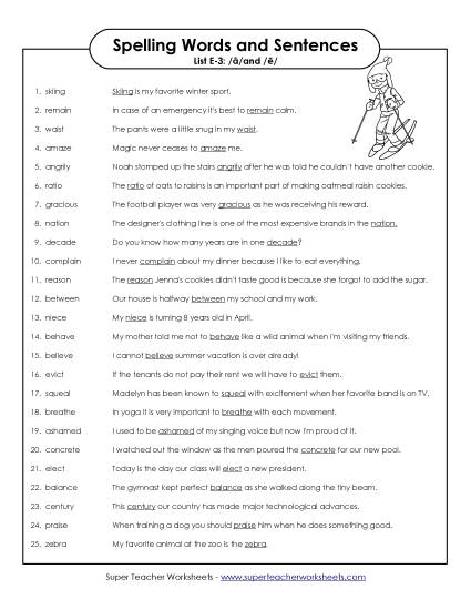 Spelling Test - Spelling Sentences (E-3) (Printable PDF Worksheet)
