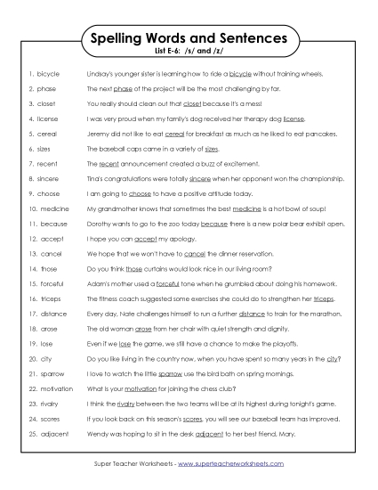 Spelling Test - Spelling Sentences (E-6) (Printable PDF Worksheet)