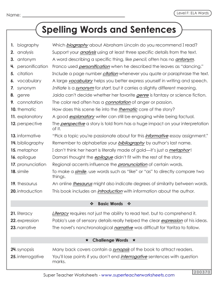 Spelling Test - Spelling Sentences (ELA) (Printable PDF Worksheet)