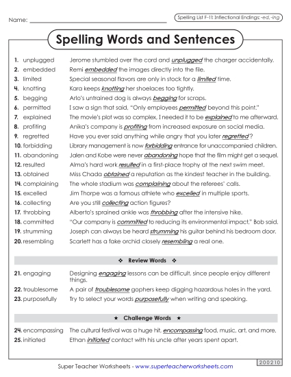 Spelling Test - Spelling Sentences (F-11) (Printable PDF Worksheet)