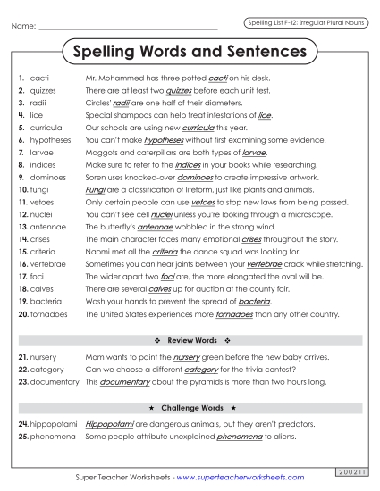 Spelling Test - Spelling Sentences (F-12) (Printable PDF Worksheet)