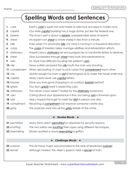 Spelling Test - Spelling Sentences (F-13) (Printable PDF Worksheet)