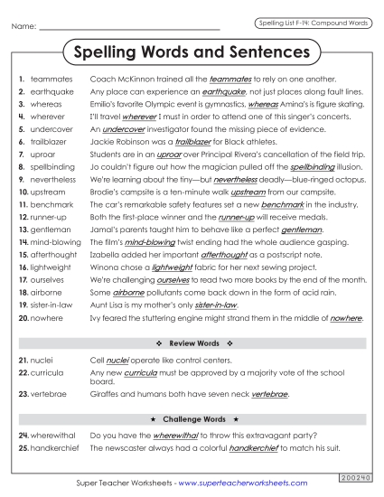 Spelling Test - Spelling Sentences (F-14) (Printable PDF Worksheet)