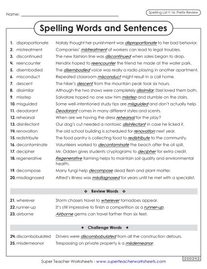 Spelling Test - Spelling Sentences (F-16) (Printable PDF Worksheet)