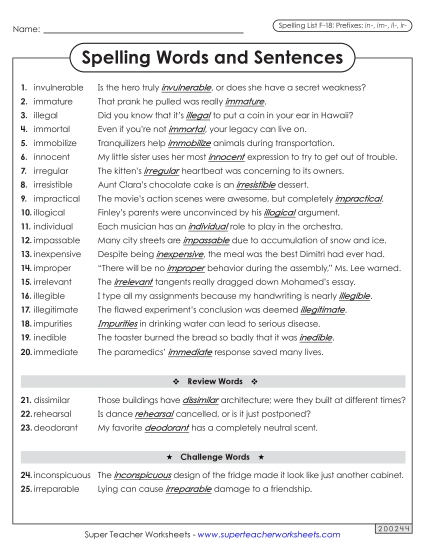 Spelling Test - Spelling Sentences (F-18) (Printable PDF Worksheet)