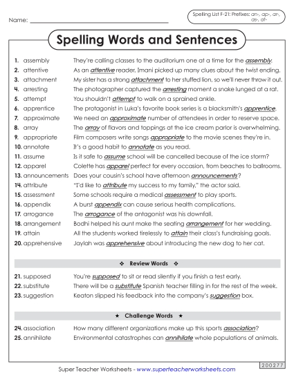 Spelling Test - Spelling Sentences (F-21) (Printable PDF Worksheet)