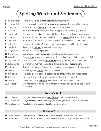 Spelling Test - Spelling Sentences (F-28) (Printable PDF Worksheet)