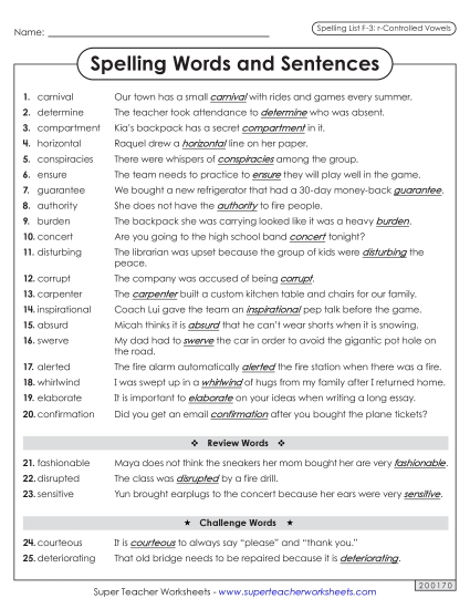 Spelling Test - Spelling Sentences (F-3)  (Printable PDF Worksheet)